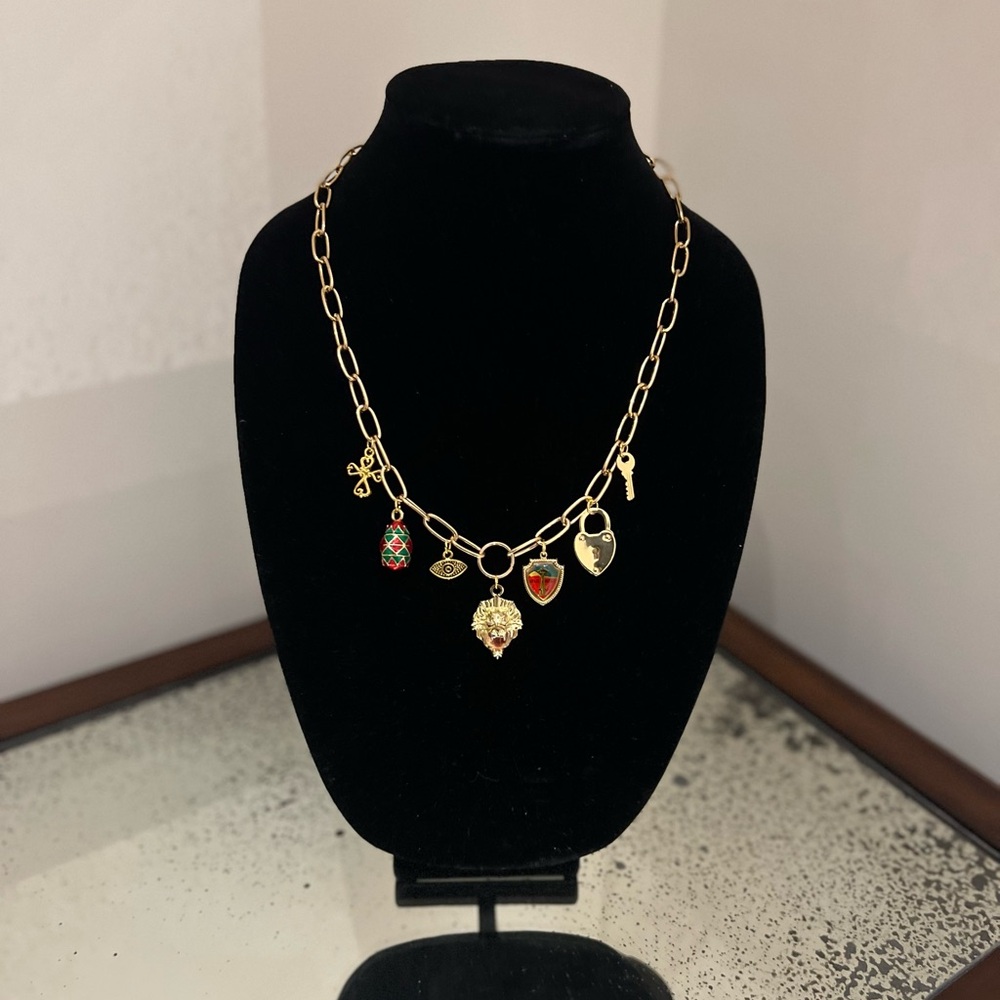 REGAL - Gold Chain Necklace with Vintage Charms and Lion Pendant
